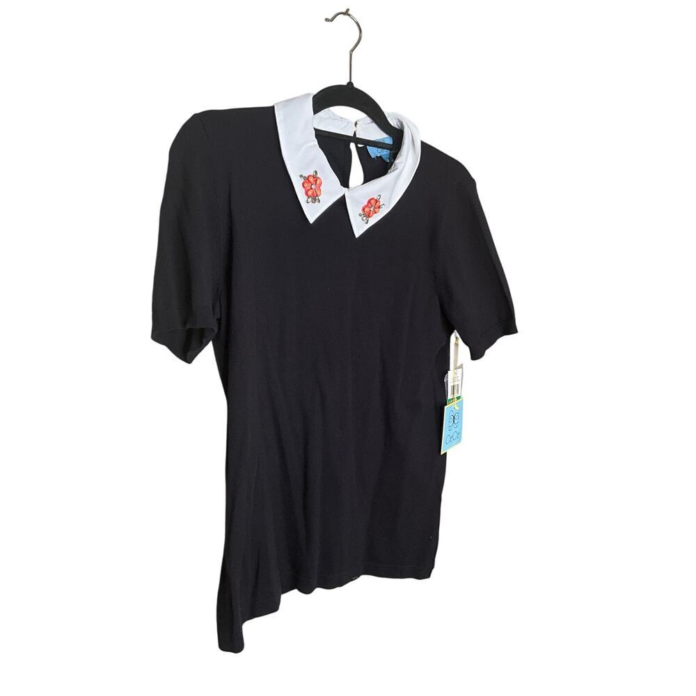 Cece Embroidered Poppy Fields Collar Top Short Sleeve Pullover Black Womens Sz L